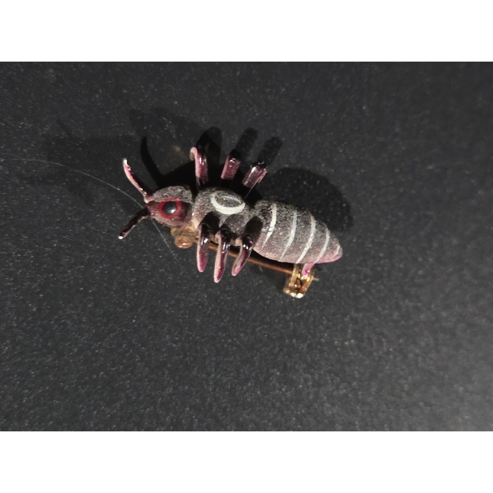 Vintage Flocked Insect Brooch Wasp OS Grey Burgundy Beetle Bee Novelty Pin